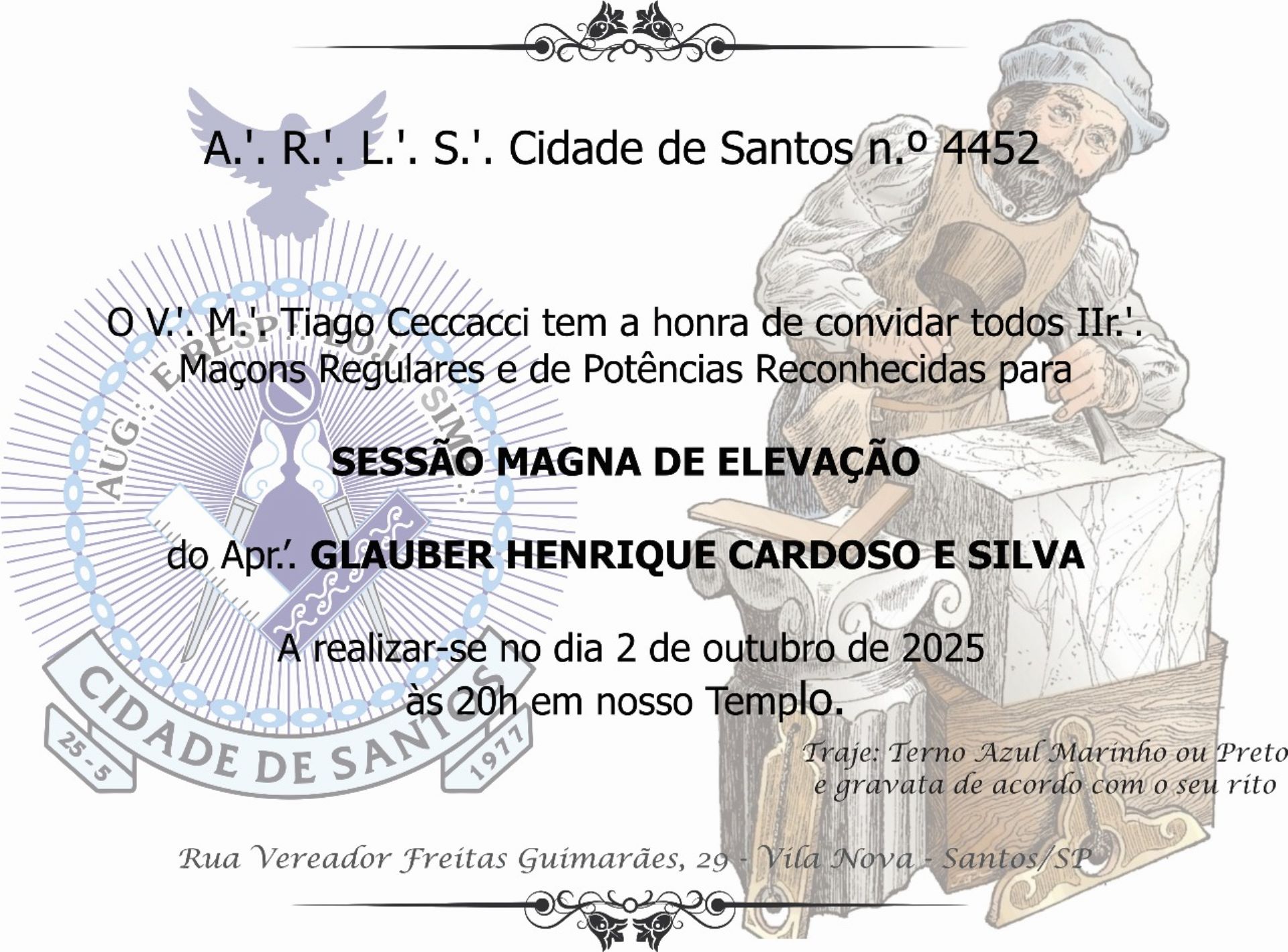 ARLS CIDADE DE SANTOS nº 4452 (RM) promove Sessão Magna de Elevação